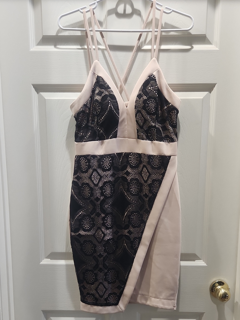Entry Black Lace and Blush Strappy Sheath Dress